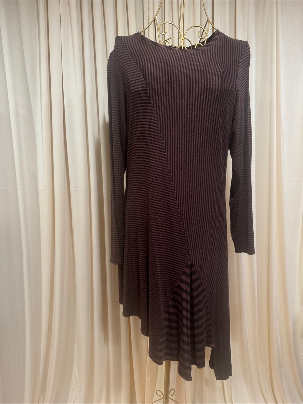 Niche Chocolate & Black Striped Midi Dress with Asymmetrical Hem